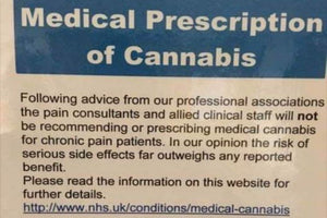 NHS pain specialists are putting up notices in their clinics telling patients not to bother asking for medical cannabis.